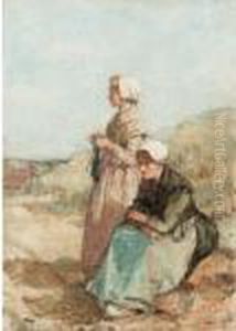A Woman Knitting With Seated Woman; Woman With Goat by Hugh Cameron