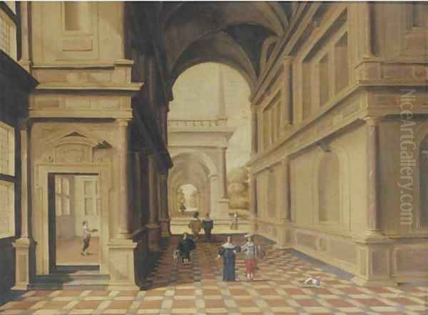 A fantastical palace with elegant figures in a portico - view 1