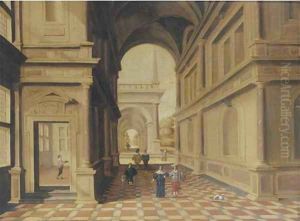 A fantastical palace with elegant figures in a portico by Hans Juriaensz. Van Baden