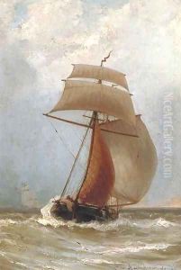 A Kofschip in full sail by Jacob Eduard Van Heemskerck Van Beest