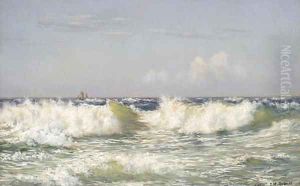 Breakers off the coast, a vessel beyond by Johannes Herman Brandt