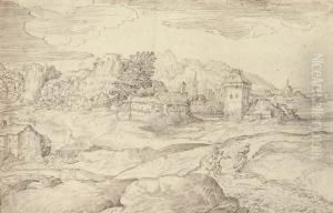 An Extensive Landscape With A Watermill And Figures On A Road, A Town Beyond