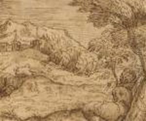 Un Paysage Avec Une Figure Accroupie Au Premier Plan, Une Ville Au Fond by Domenico Campagnola
