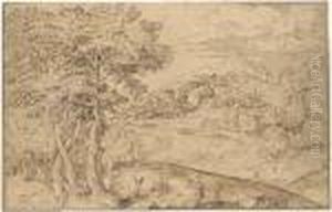 An Extensive Landscape With Shepherds And Their Flocks Below Atown
