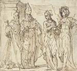 Saint Paul Avec Saint Augustin, Marie Madeleine Et Sainte Catherine(?) by Domenico Campagnola