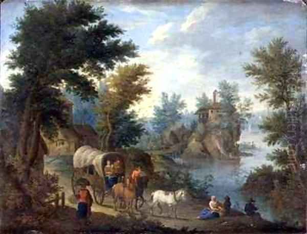 A wooded river landscape with travellers - view 1