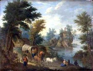 A wooded river landscape with travellers by Peeter van Bredael