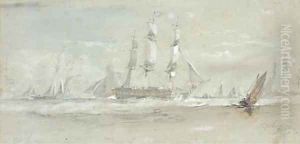 A frigate, Admiralty cutters and other shipping at Spithead by Sir Oswald Walters Brierly