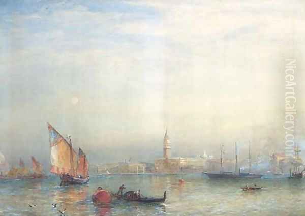 A view across the Venetian Lagoon, with the English steam yacht Cuhona announcing her arrival with a flaghoist - view 1