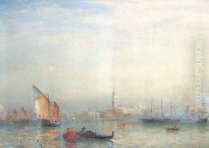 A view across the Venetian Lagoon, with the English steam yacht Cuhona announcing her arrival with a flaghoist