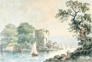 A Ruined Castle On A River Near A Bridge, Ireland by John Henry Campbell
