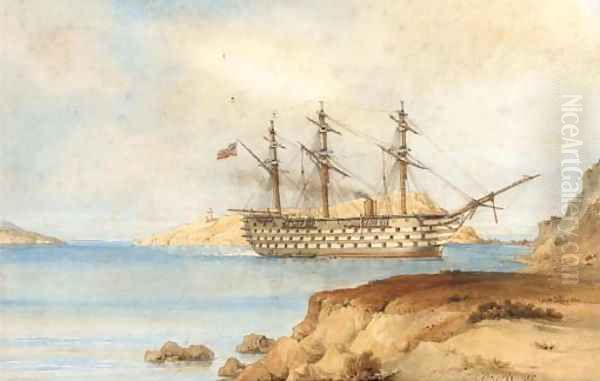 H.M.S. Royal Albert aground off the Aegean Island of Zea, 29th December, 1855 - view 1