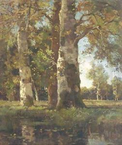 Beuken stammen sunlit beeches by a pond by Theophile Emile Achille De Bock