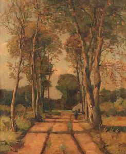 Sandy trail allined with birch trees by Theophile Emile Achille De Bock