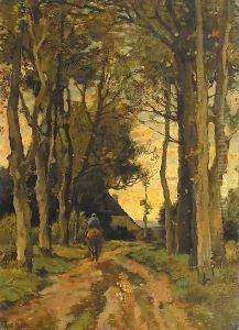 A horserider on a tree-lined lane by Theophile Emile Achille De Bock