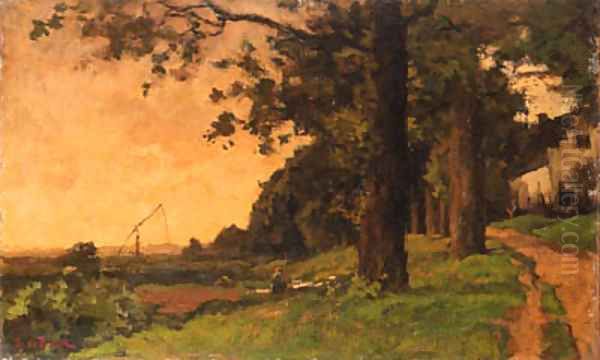 A peasant in a meadow at the edge of a wood, a farm beyond - view 1