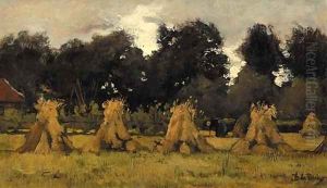 A peasant woman at work among sheaves by Theophile Emile Achille De Bock