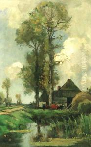 Cattle near a stable by a polder pond by Theophile Emile Achille De Bock
