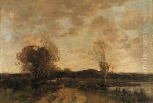 A shepherd and his flock by a lake by Theophile Emile Achille De Bock