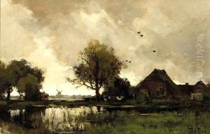 A stormy day a farm in a polder landscape