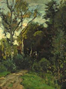 A sunlit birch forest by Theophile Emile Achille De Bock