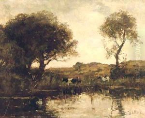 Cattle by a lake by Theophile Emile Achille De Bock