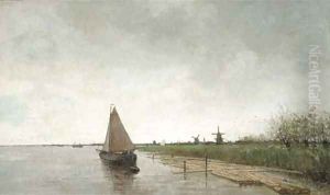A river landscape with vessels, a city beyond by Theophile Emile Achille De Bock