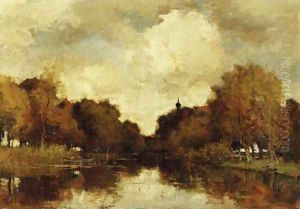 A wooded river landscape by Theophile Emile Achille De Bock