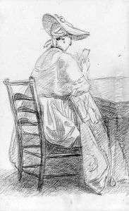 A lady seated on a ladder-backed chair, reading a letter