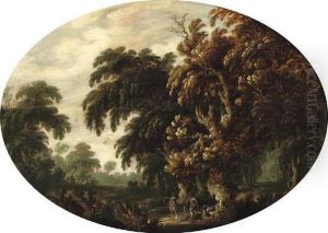 A Wooded Landscape With Figures Returning From The Hunt by Govert Dircksz. Camphuysen