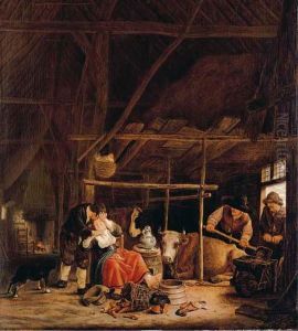 An Amorous Couple In A Barn With Herdsmen At The Door