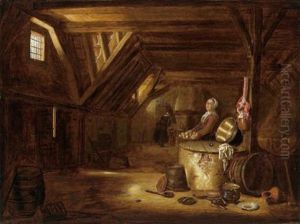 Scena Di Cucina: Due Serve Durante La Preparazione Di Cibi by Govert Dircksz. Camphuysen