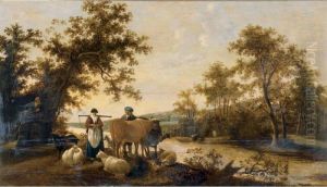 A River Landscape With Peasants And Livestock by Govert Dircksz. Camphuysen