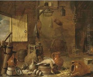 Earthenware, A Drake And Vegetables In A Barn, With A Woman Cookingat A Fire