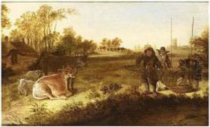A Landscape With Fishermen Holding A Ducktrap, Cows And Sheep Nearby A Landscape With Fishermen Holding A Ducktrap, Cows And Sheep Nearby