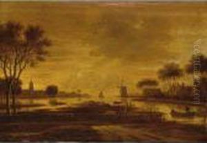 A River Landscape With A Village And A Windmill, A Boat With Fishermen To The Foreground by Joachim Govertsz. Camphuysen