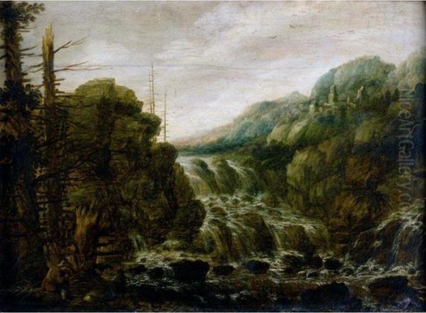 A Mountainous Wooded Landscape
With A Man Resting Beside A Cascade, A Hill Top Town In The Distance - view 1