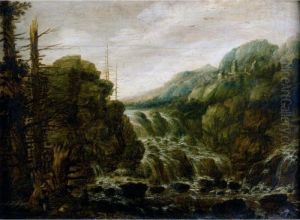 A Mountainous Wooded Landscape 
With A Man Resting Beside A Cascade, A Hill Top Town In The Distance by Joachim Govertsz. Camphuysen