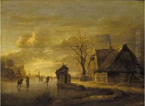 A Winter Landscape With Skaters Before A Cottage by Rafael Govertsz. Camphuysen