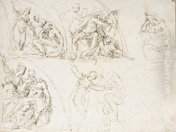 Recto: Four Studies For A
Demi-lunette With A Sibyl And Prophet, And A Separate Study Of A Prophet
Verso: Study Of A Seated Male Nude And Standing Nude Figure - view 1