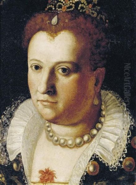 Portrait Of A Noblewoman, Bust-length, With A Pearl Necklace And A Jeweled Headdress - view 1