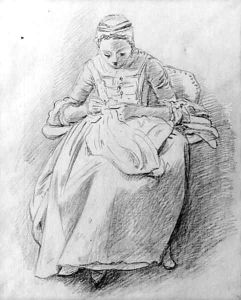Study of a woman sewing, probably the artist's daughter by William Hoare Of Bath
