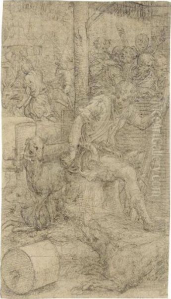 Young Shepherd On A Tree Trunk
Three Dogs Beside Him Figures Beyond And Houses
In The Background - view 1