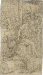 Young Shepherd On A Tree Trunk 
Three Dogs Beside Him Figures Beyond And Houses 
In The Background