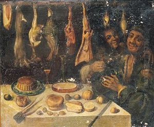 Bodegon De Cocina Con Carne Y Aves Colgando; A La Derecha Dos
 Figuras by Vincenzo Campi