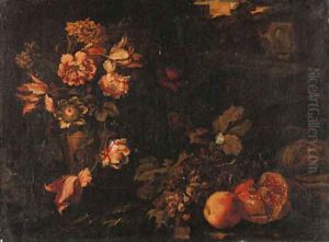 Tulips, narcissi, marigolds and other flowers in an urn by Abraham Bruegel