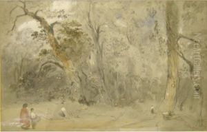 Woodland Scene With Figures, Pencil by George Bryant Campion