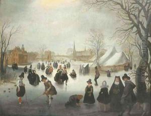 A winter landscape with elegant figures skating and playing kolf on a frozen river, a town beyond by Adam van Breen