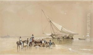 Unloading The Supplies On The Breton Coast, With Customs Men Checking The Cargo by George Bryant Campion