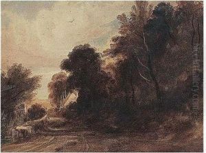 A View Of Cottages From A Woodland Path by George Bryant Campion